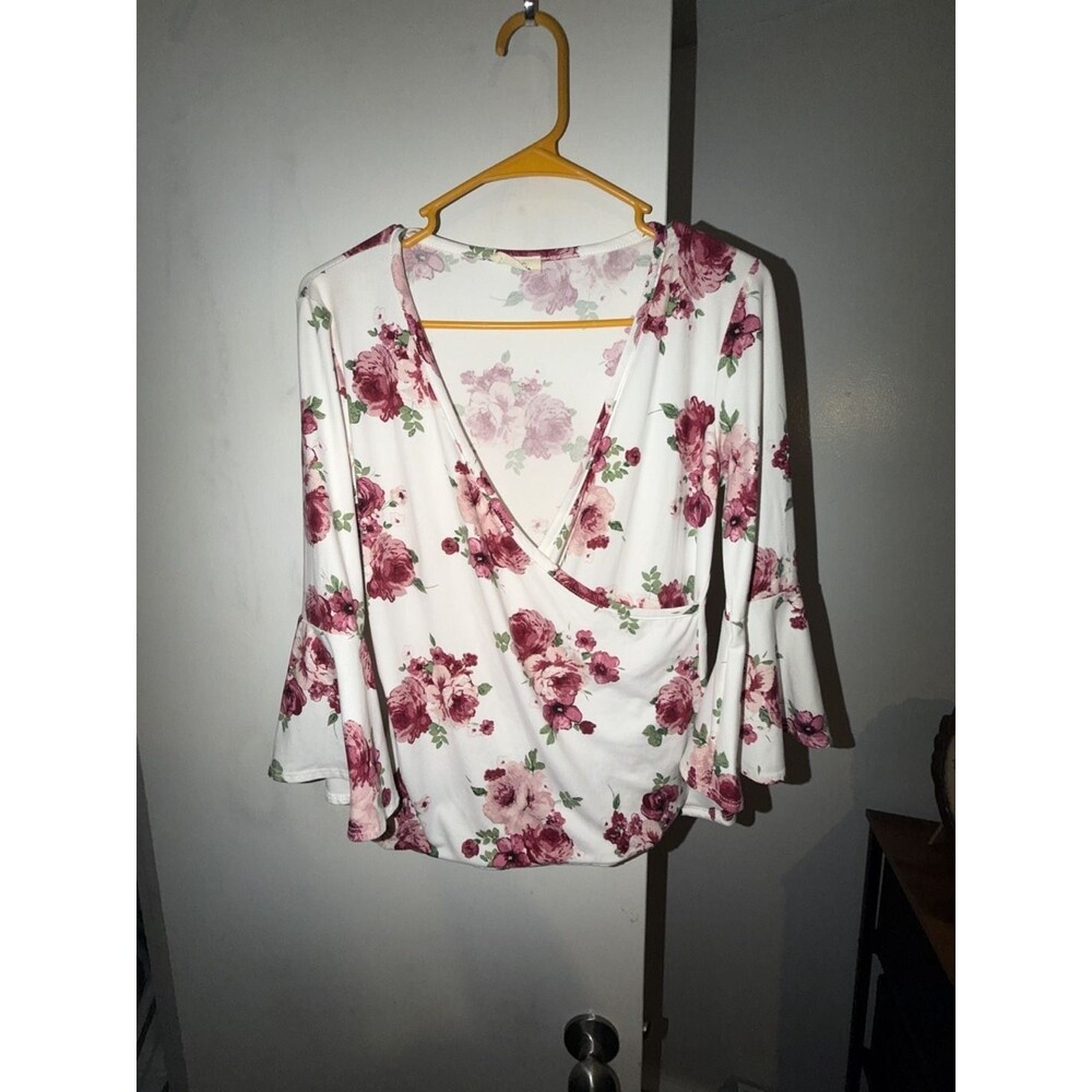 pinc Women's Floral Wrap Front Top with Bell Sleeves XL